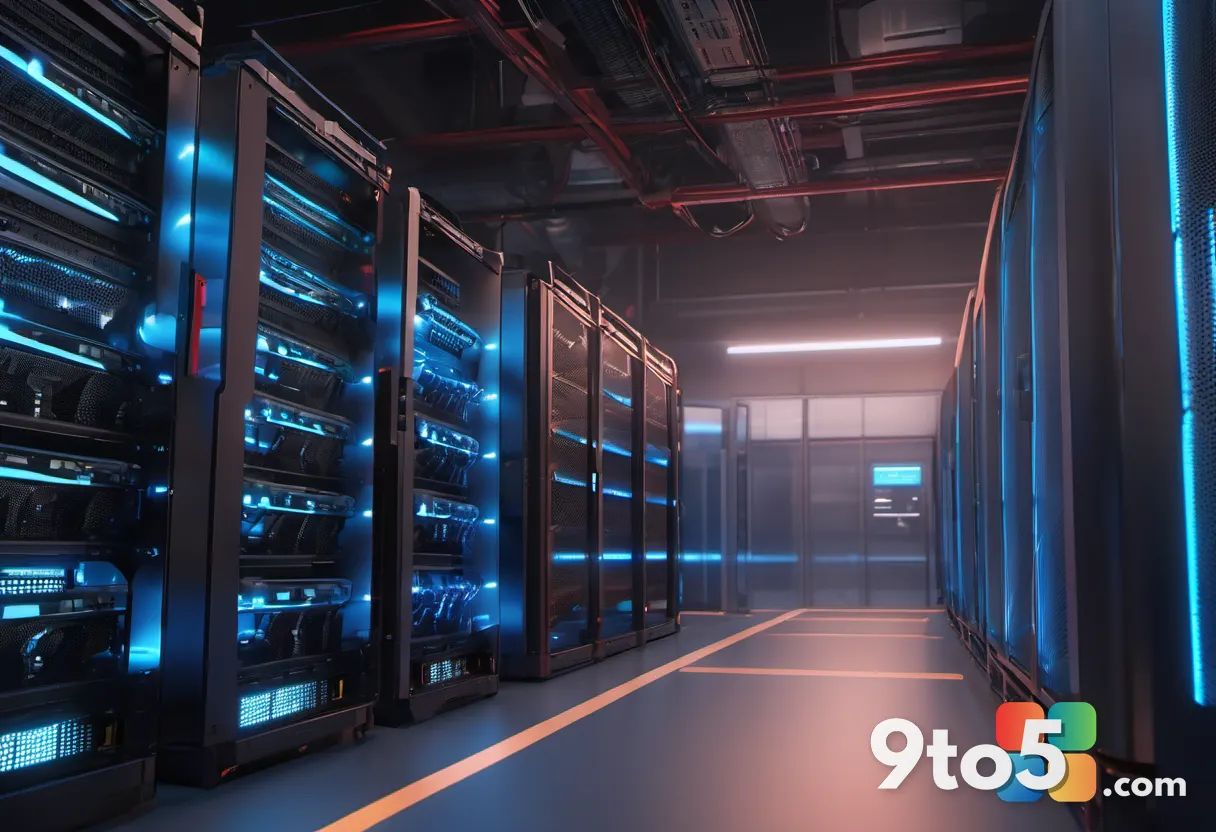 Close-up of high-performance GPU server racks with glowing indicators and heavy cooling fans, emphasizing industrial sca