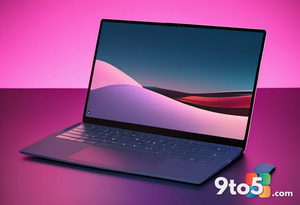 A close-up of a Microsoft Surface Laptop Ultra with a vibrant display showing colorful graphics, placed on a textured su