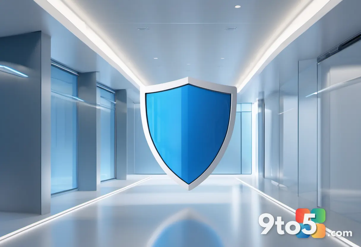 Abstract digital illustration of a shield protecting a meeting room, blue and white colors, security theme.