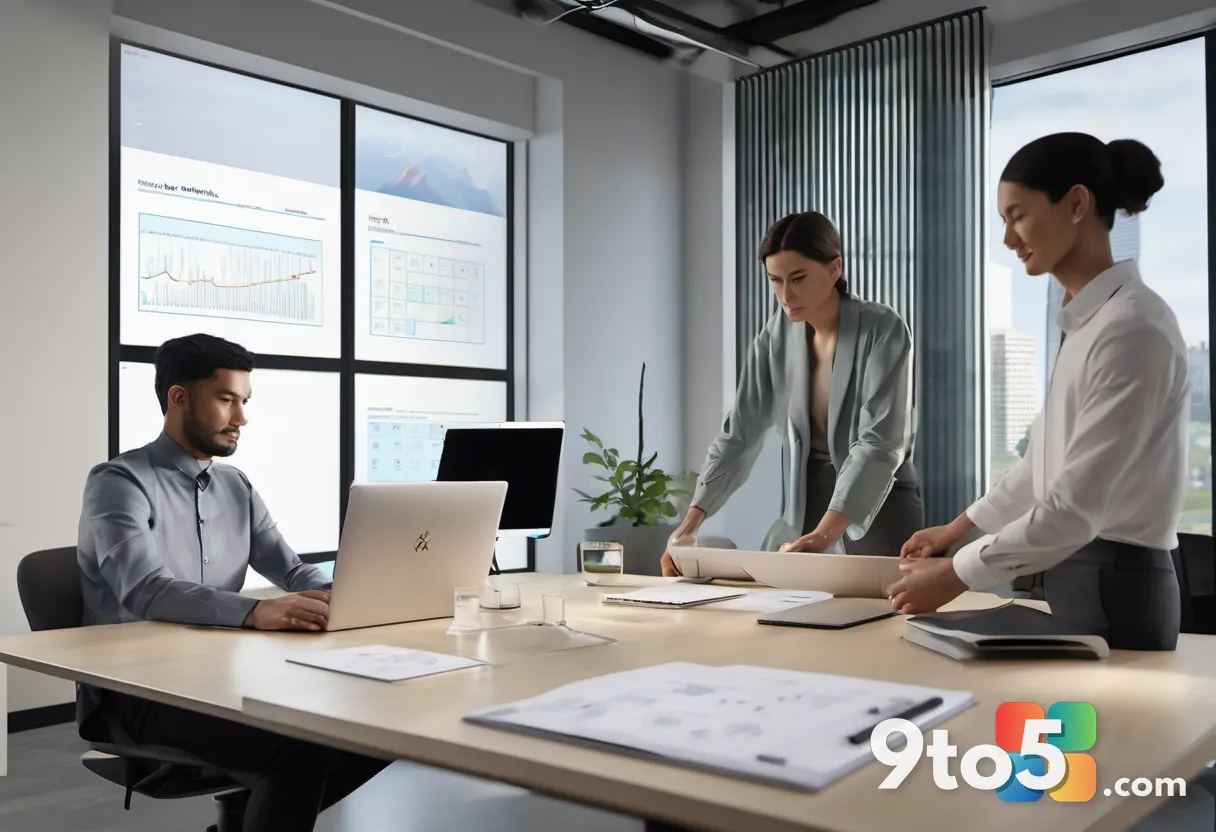A team collaborating around a table with a digital planner interface displayed, modern office, bright natural light.