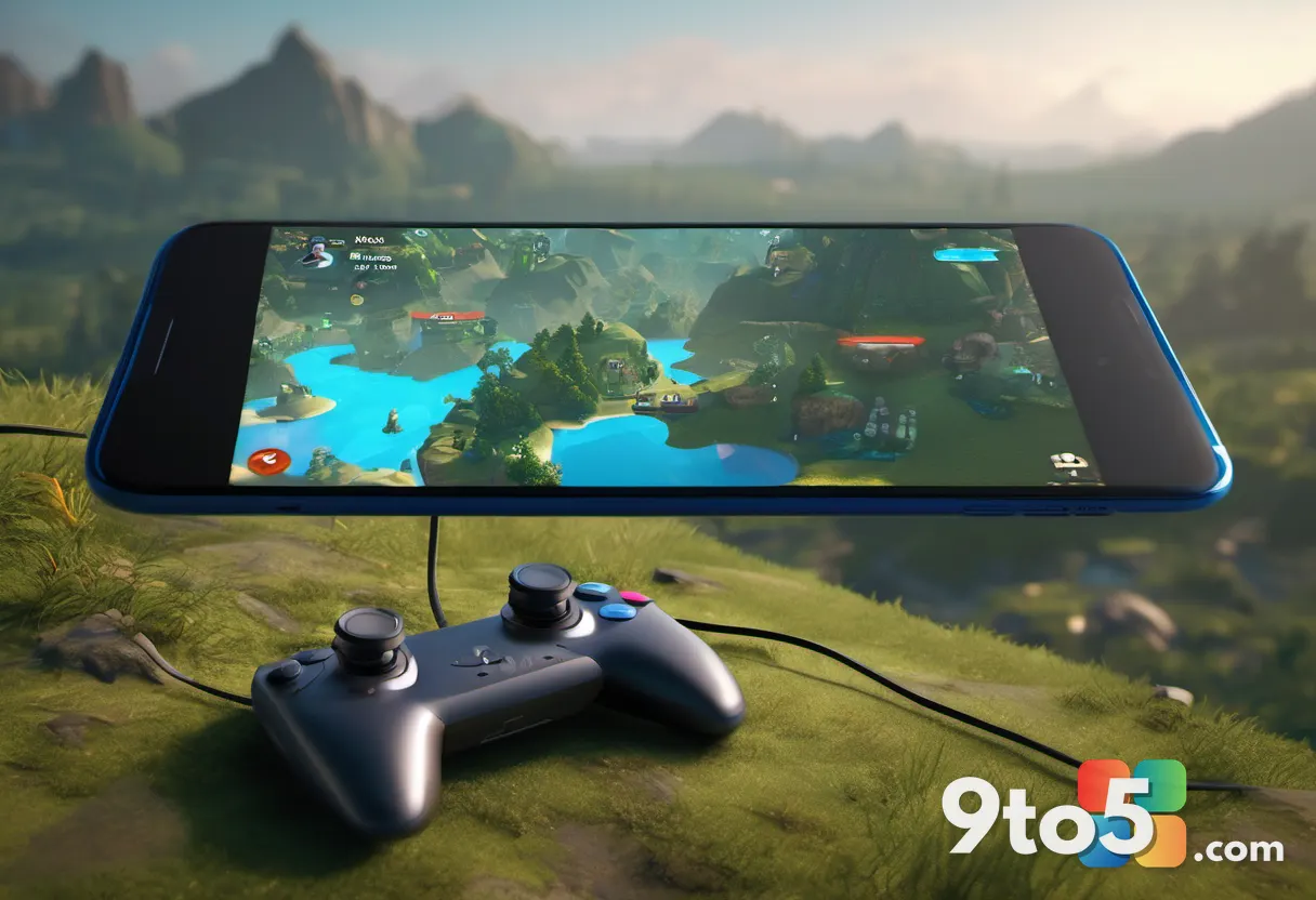 A close-up of a smartphone screen showing a game controller interface overlaid on a fantasy landscape, clean composition