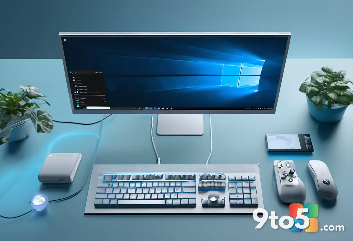 A minimalist desk with an Xbox controller resting on a keyboard, soft blue backlighting, and a monitor displaying a stre