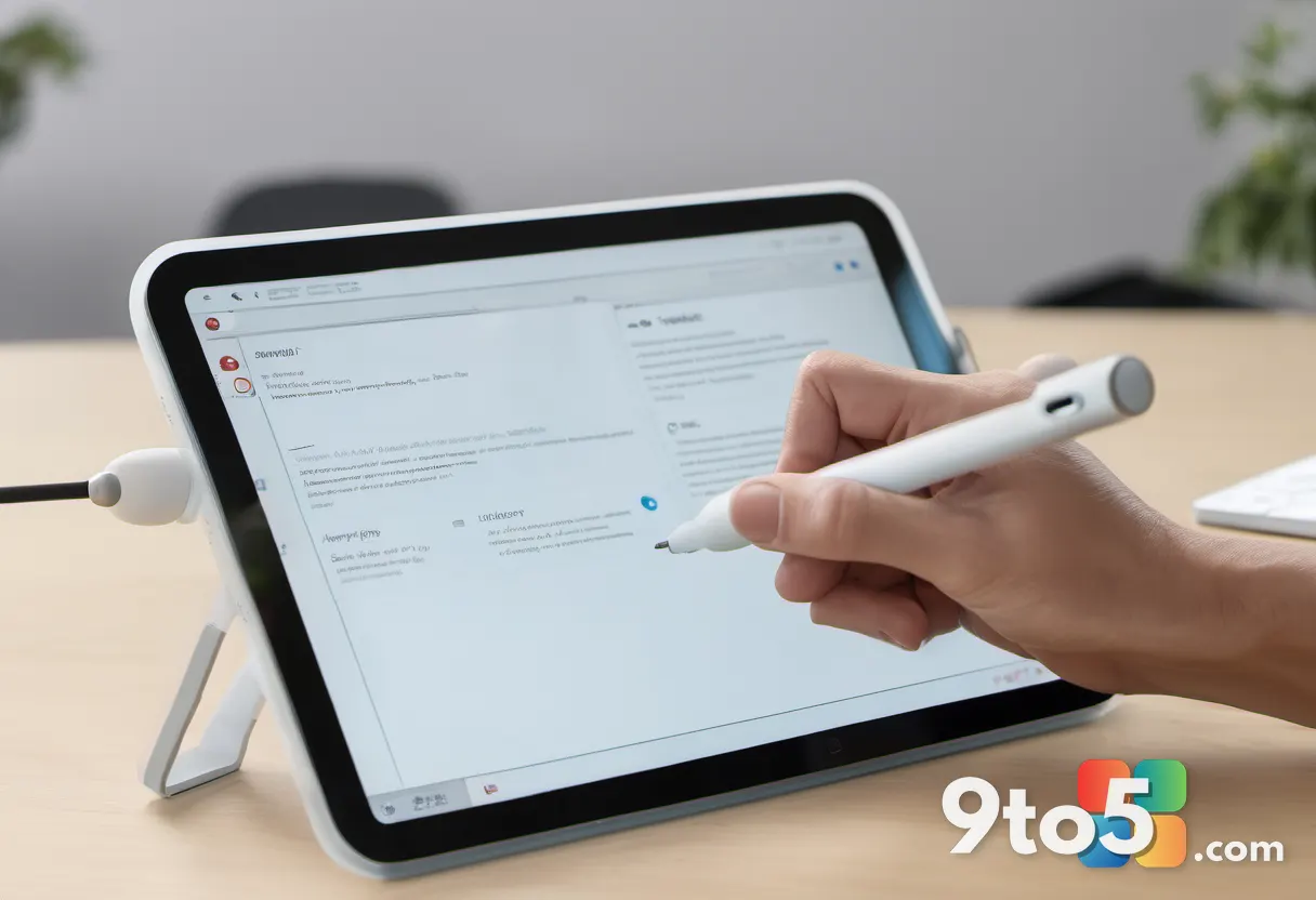 A close-up photograph of a hand holding a stylus, writing on a digital tablet screen displaying a whiteboard interface, 
