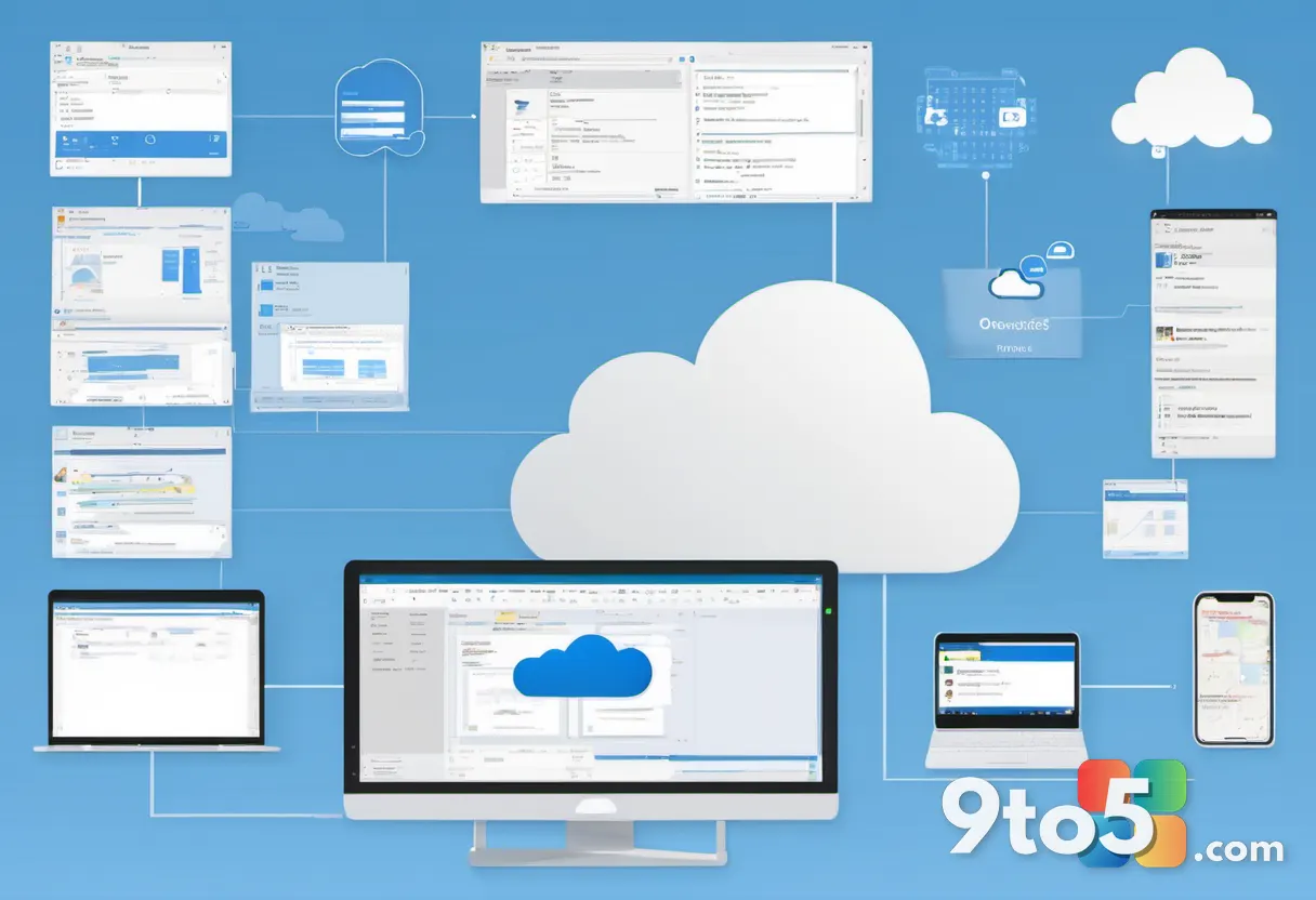 A minimalist graphic showing a cloud labeled OneDrive for Business connected to a folder icon, surrounded by subtle busi