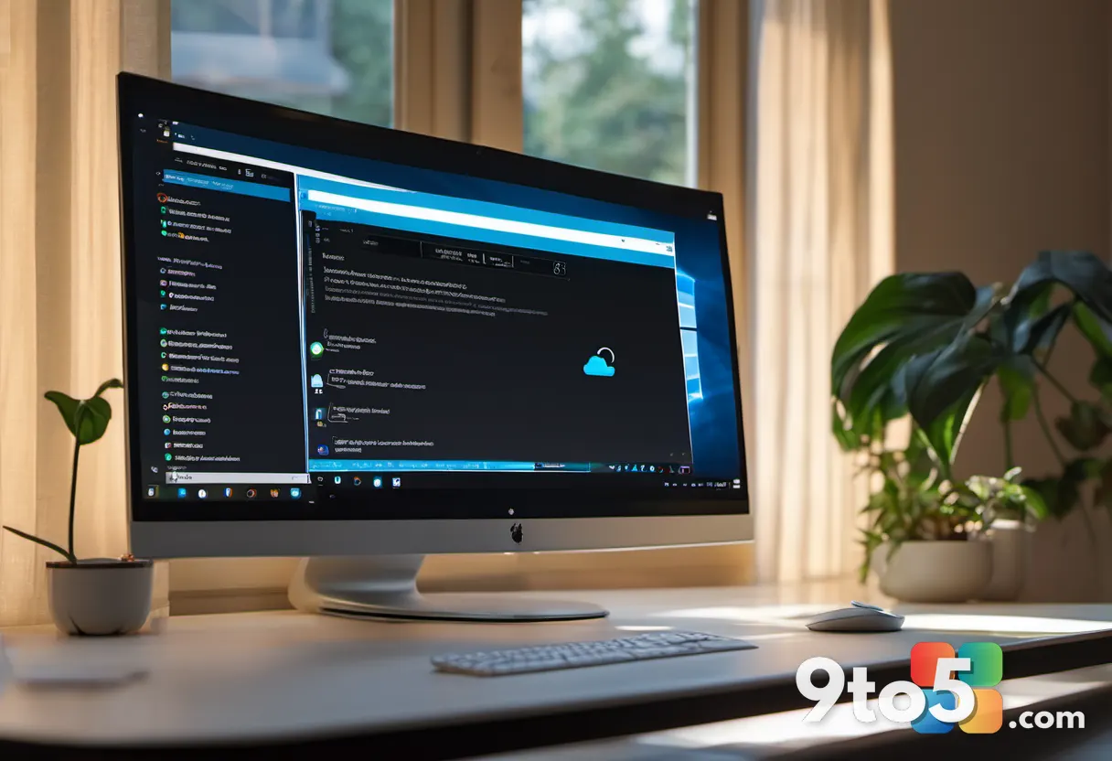 A close-up, minimalist photograph of a glowing computer monitor displaying a progress bar and the Windows Insider logo, 