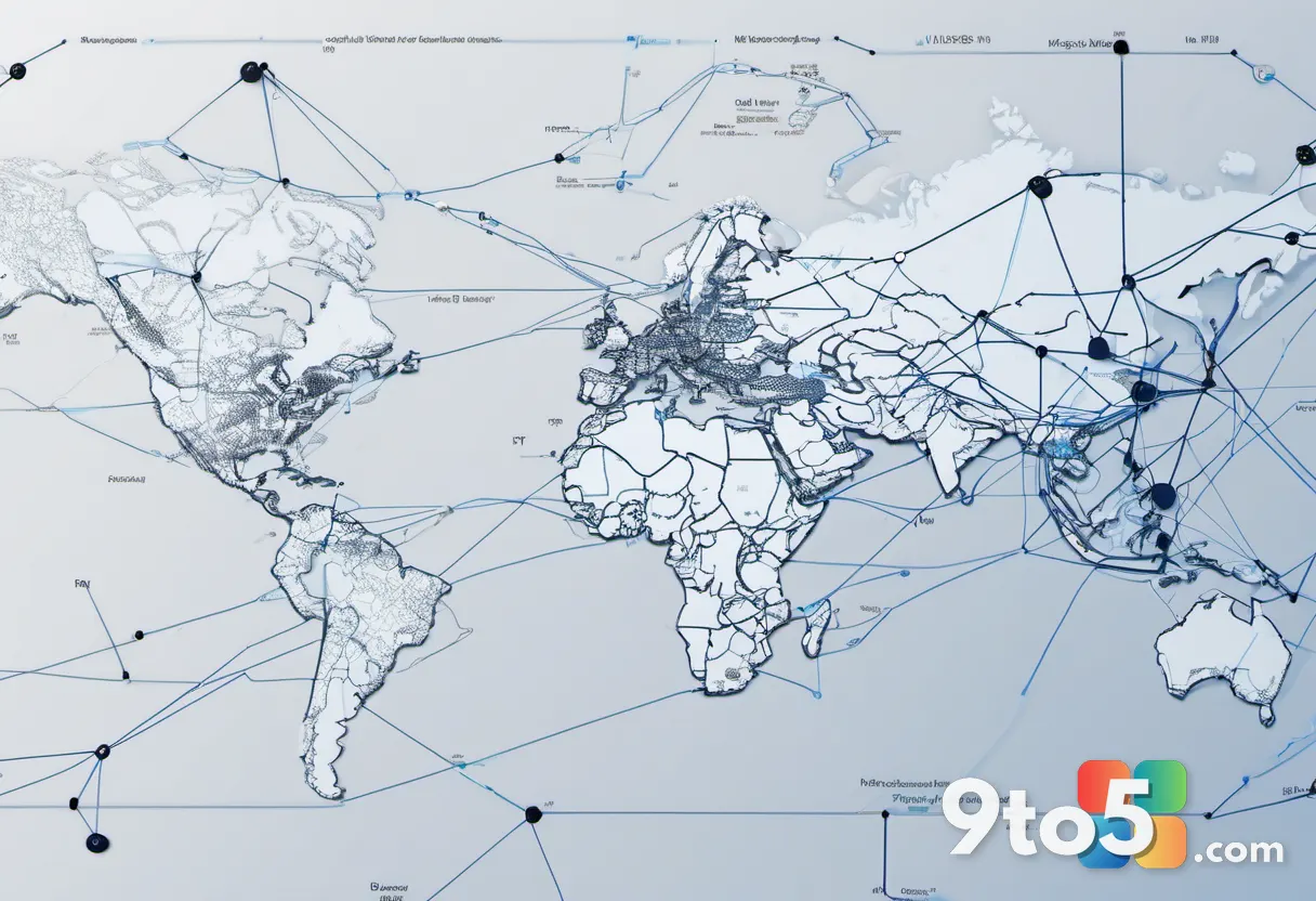 An abstract, futuristic visualization of interconnected nodes and data pathways forming a digital map, representing the 
