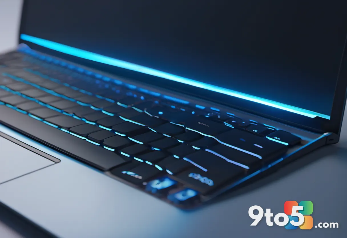 A close-up of a modern laptop keyboard with a glowing power button, shallow depth of field, and cool blue tones.