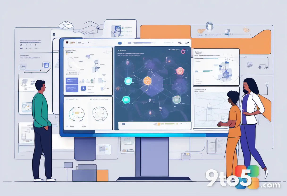 A diverse team of professionals collaborating around a large transparent screen showing interconnected AI agent icons an