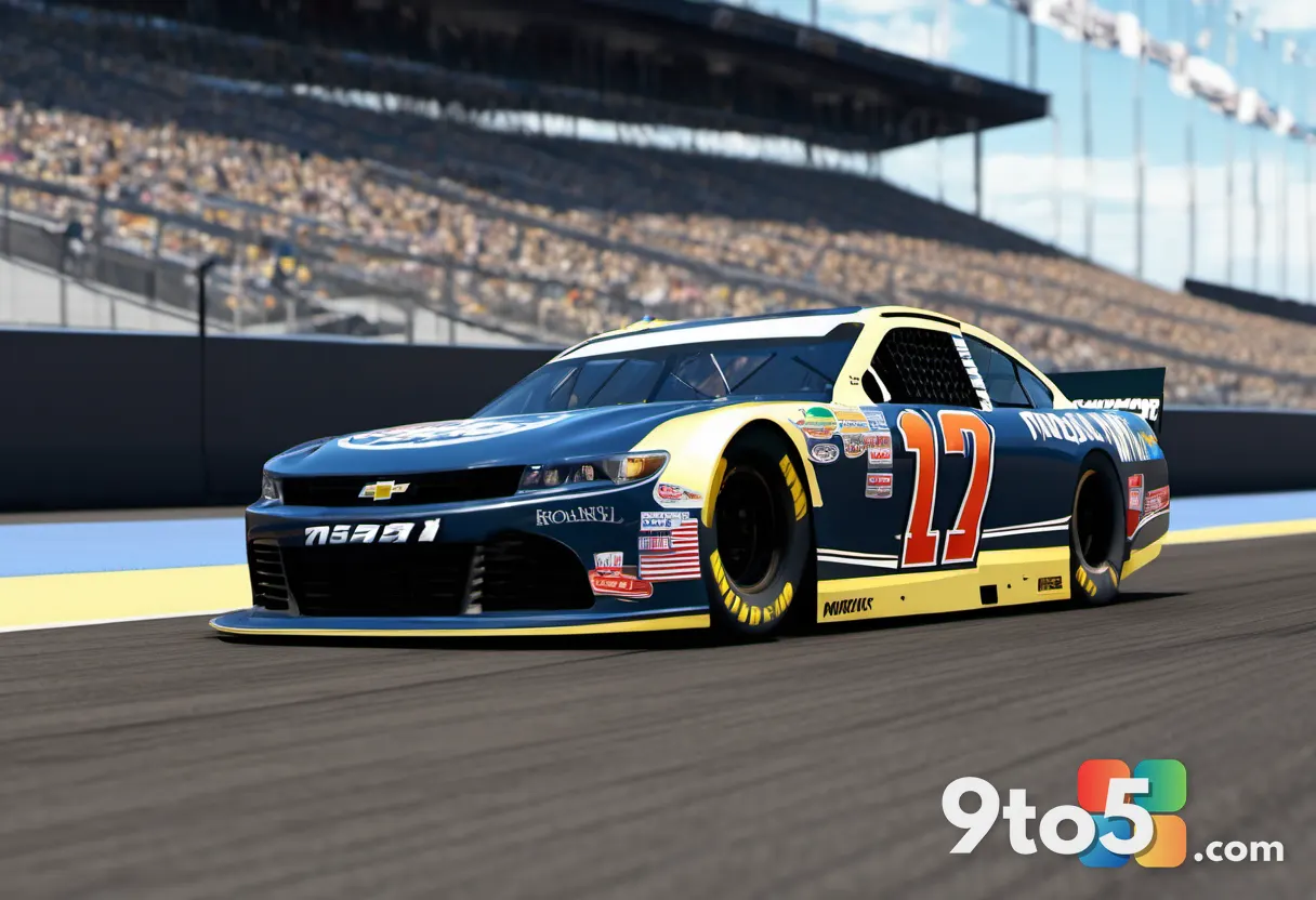 A close-up of a NASCAR car's tires on a race track, showing rubber deposits and track wear, realistic simulation detail.