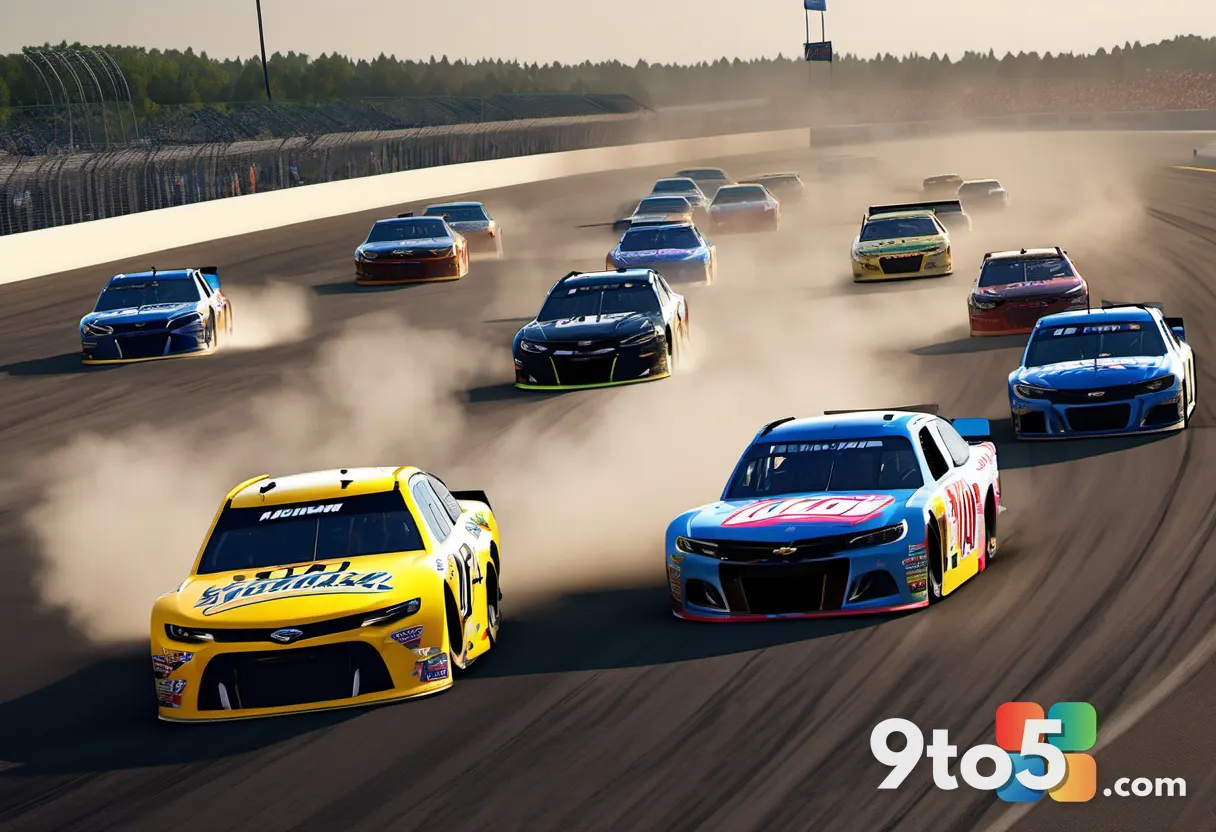 A dramatic NASCAR race finish with cars battling for position, dust and debris, intense competition, cinematic racing ph