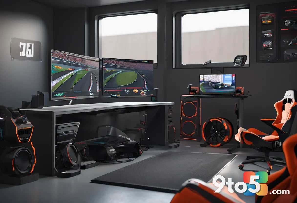 A modern gaming setup with a PC monitor displaying a NASCAR race, surrounded by racing wheels and pedals, immersive gami