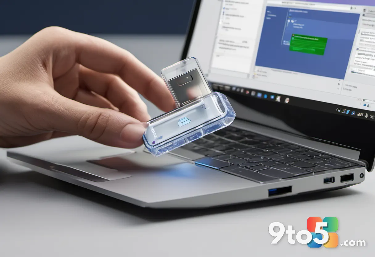 A close-up of a hand placing a small, transparent USB drive into a laptop port, symbolizing portable and lightweight sof