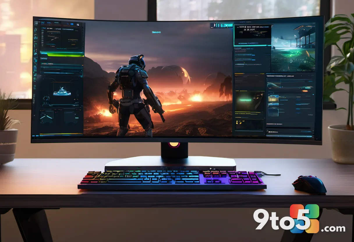 An illustrative scene showing a gaming monitor displaying a vibrant sci-fi battlefield, with a sleek NVIDIA GPU box plac
