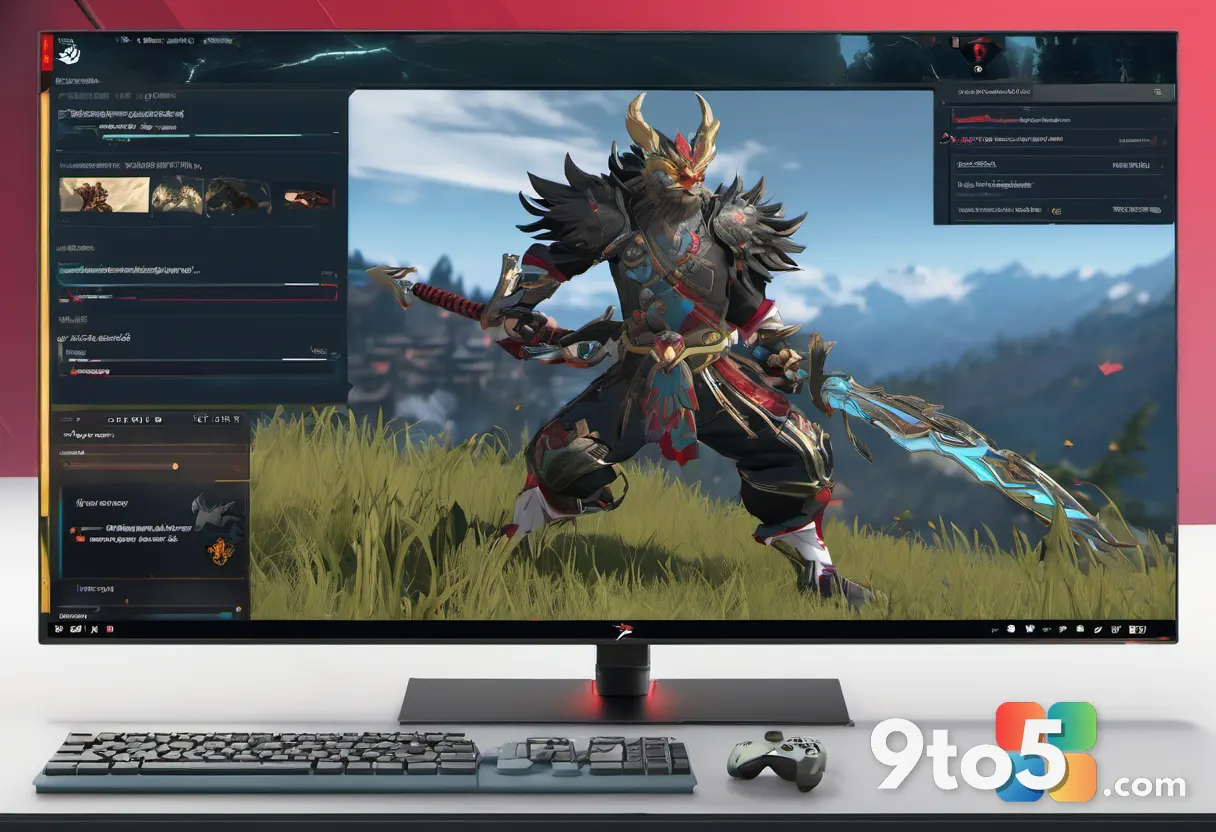 A gaming monitor displaying a split screen of Genshin Impact and Black Myth Wukong benchmark results, vibrant colors, sl