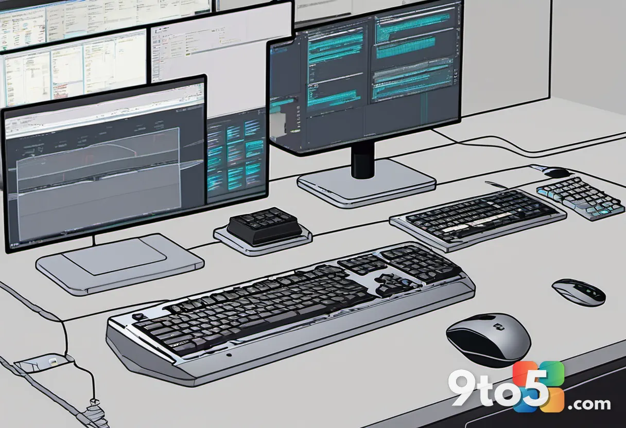 A developer's hands typing on a mechanical keyboard in a dimly lit room, multiple monitors showing terminal windows and 