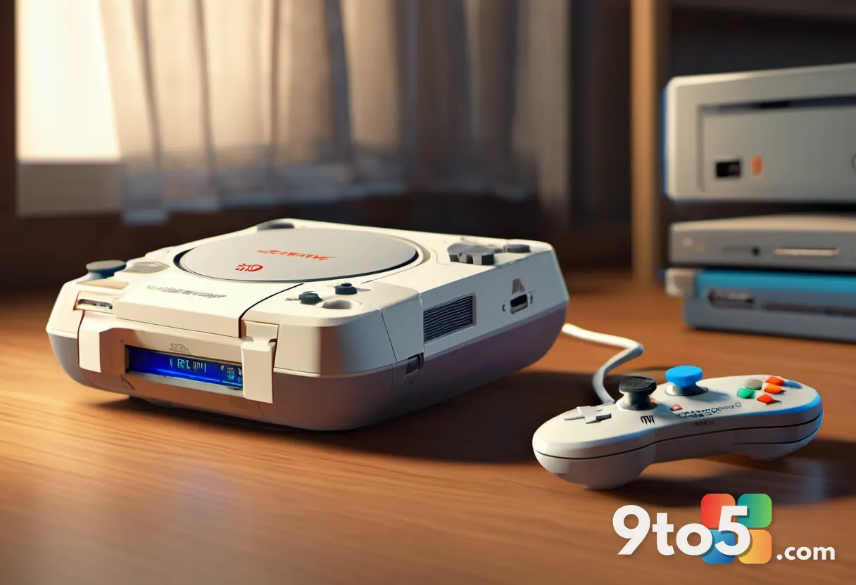 A close-up of a Sega Dreamcast controller resting on a wooden desk next to a stack of 1990s game cartridges, warm desk l