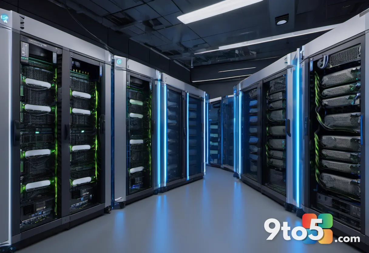 A modern Nvidia GPU server rack inside a clean data center, blue LED indicators blinking, cables neatly routed, professi