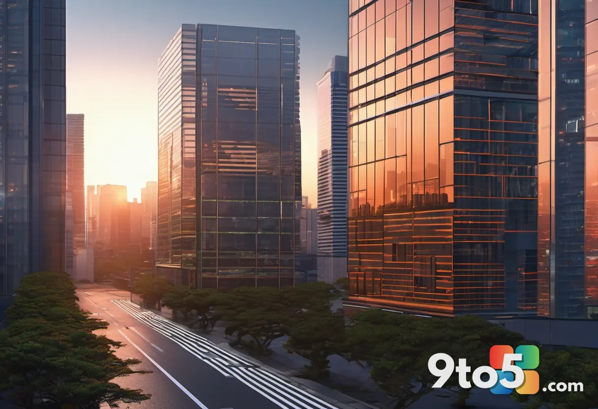 A wide shot of Tokyo's Otemachi business district at dusk, glass skyscrapers reflecting orange sky, subtle circuit board