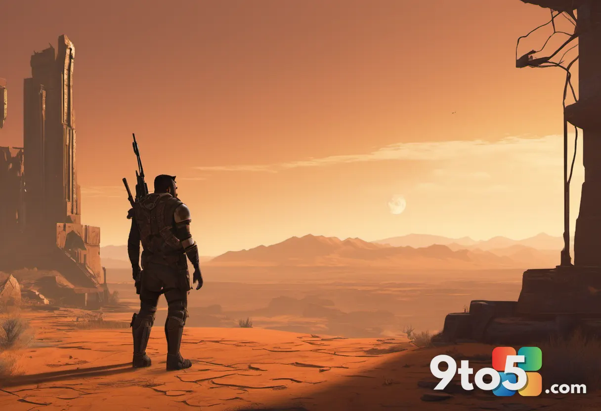 A conceptual illustration of a rugged wasteland traveler standing before ancient ruins under a dusty orange sky, represe
