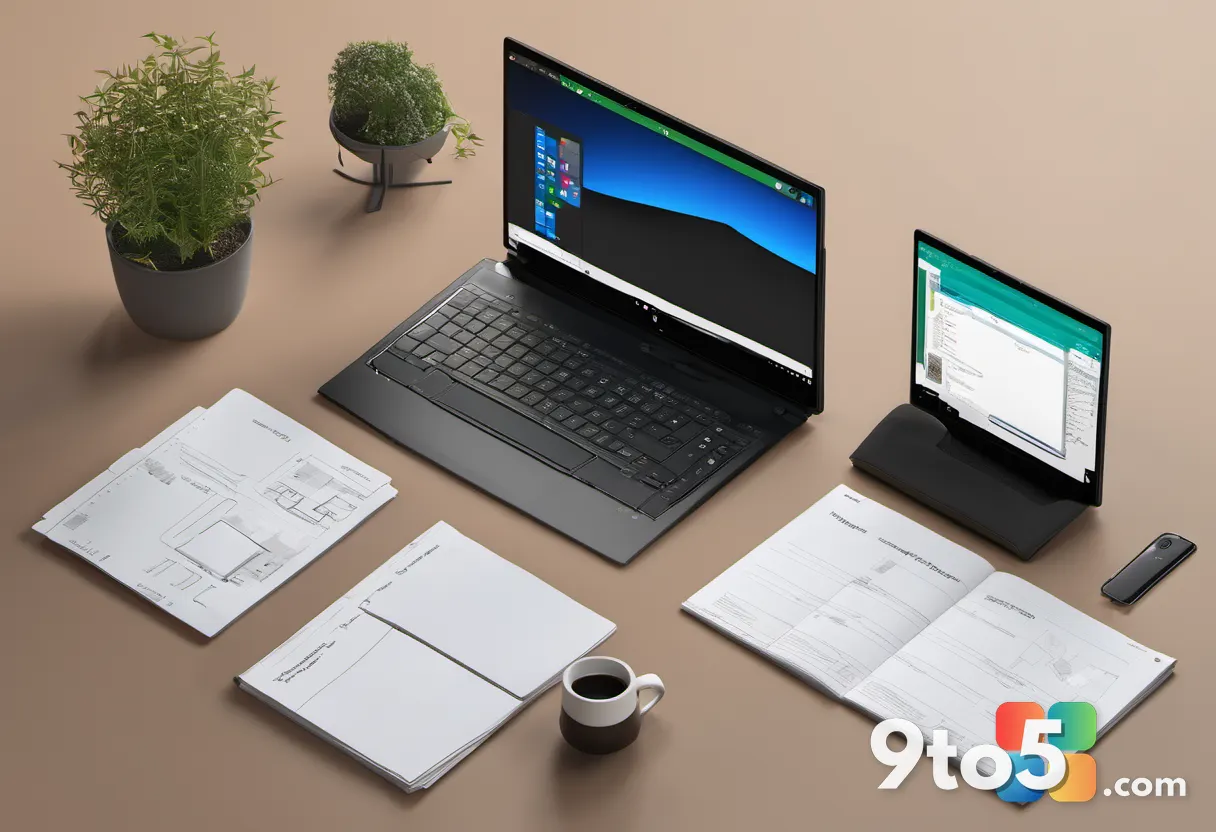 An overhead view of a modern office desk with a laptop showing the Microsoft 365 admin center, surrounded by documents a