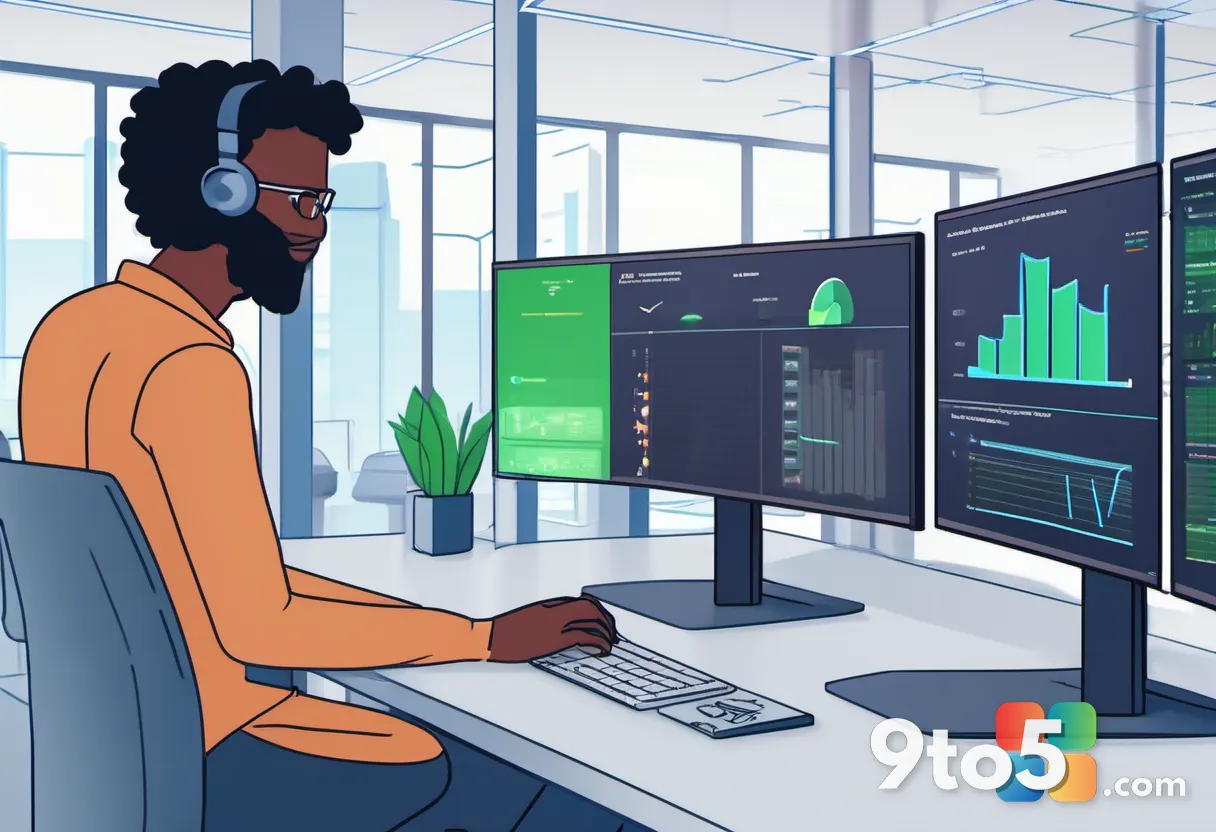 A diverse team of IT professionals reviewing code and data dashboards on large monitors, discussing AI integration strat