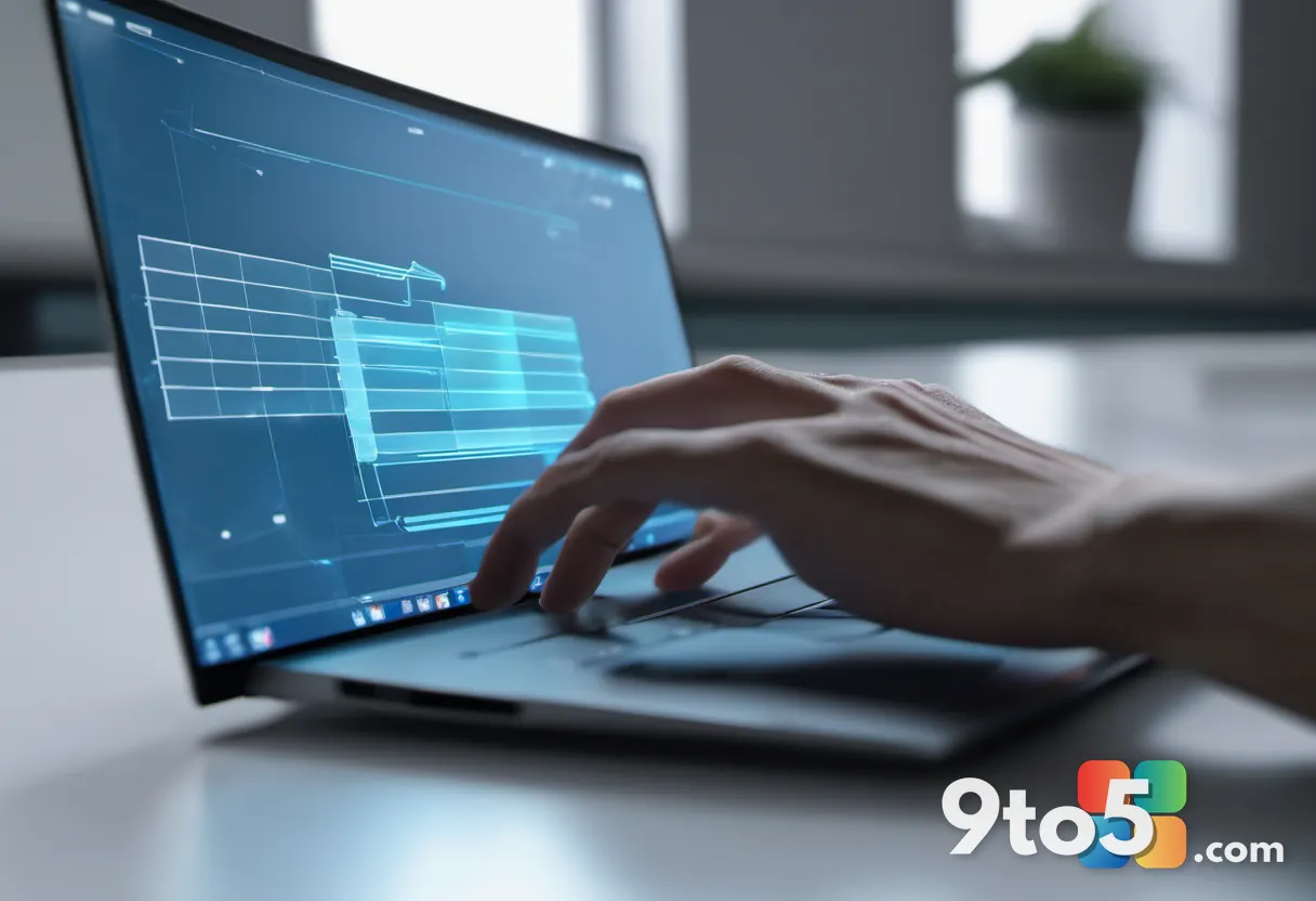 A close-up of a hand hovering over a laptop trackpad, with a translucent AI interface panel floating above the keyboard,