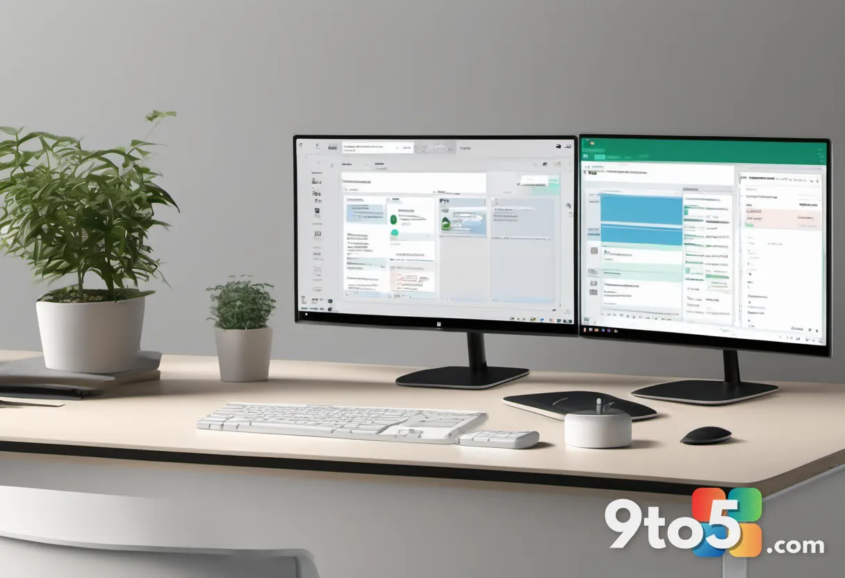 A split-screen desk view showing a unified inbox on one monitor and a task planner on another, clean corporate aesthetic
