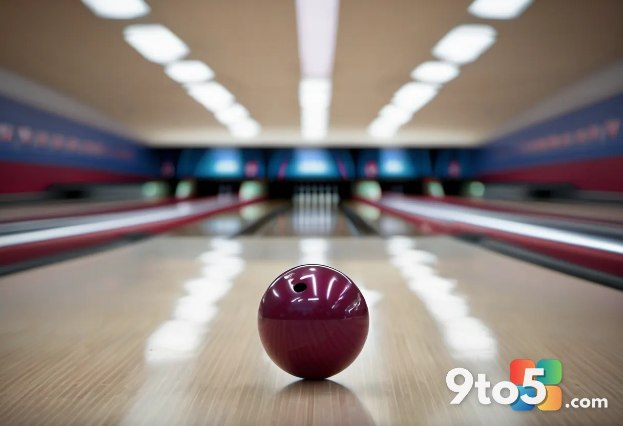 A close-up of a bowling ball about to be released down a lane, with the pins in focus at the end, capturing the moment o