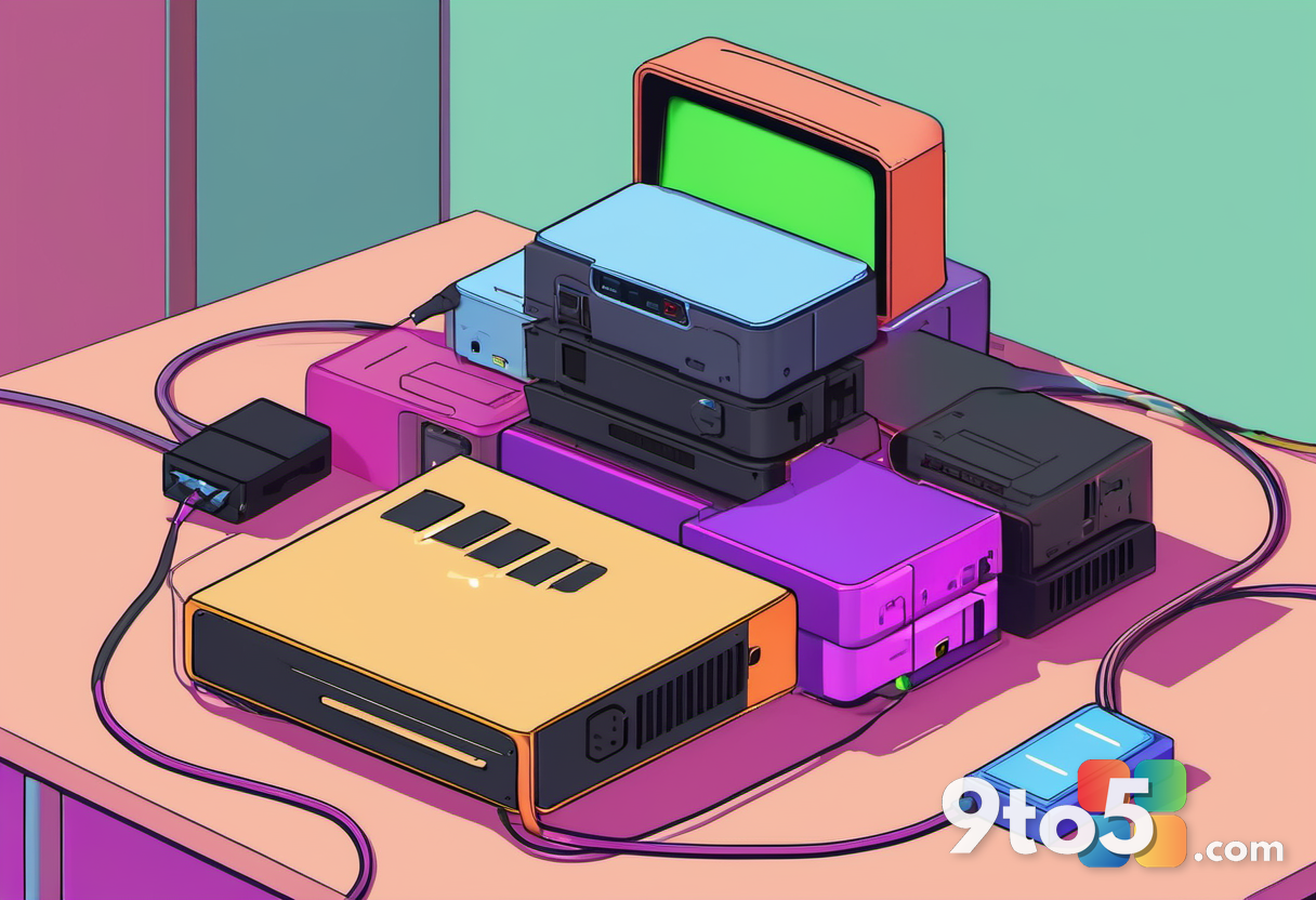 A stack of colorful video game cases next to a high-speed ethernet cable plugged into a router. Warm indoor lighting cre