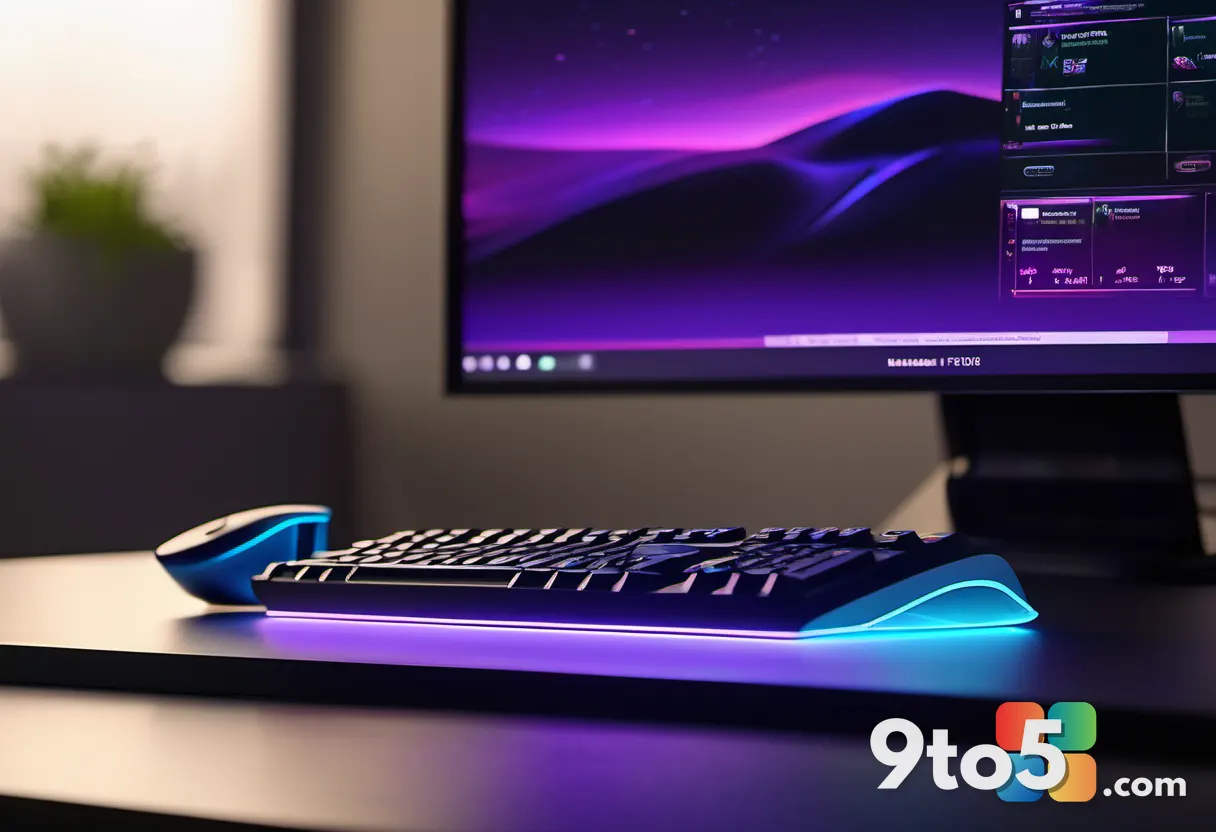 A close-up of a modern gaming controller resting on a dark desk surface next to a glowing monitor. The screen displays a