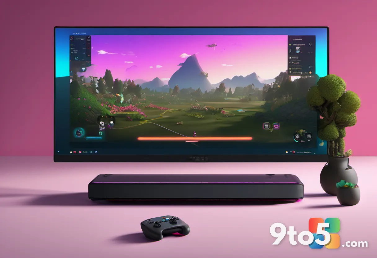 A close-up of a Steam Deck's OLED screen displaying a vibrant game scene, with fingers gripping the controllers and a co