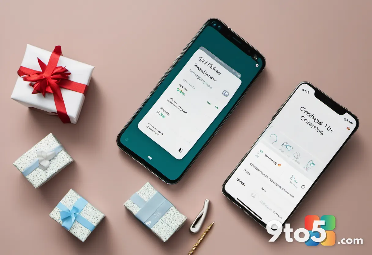 An overhead flat-lay photograph of a smartphone and a desktop monitor showing matching gift confirmation screens, arrang