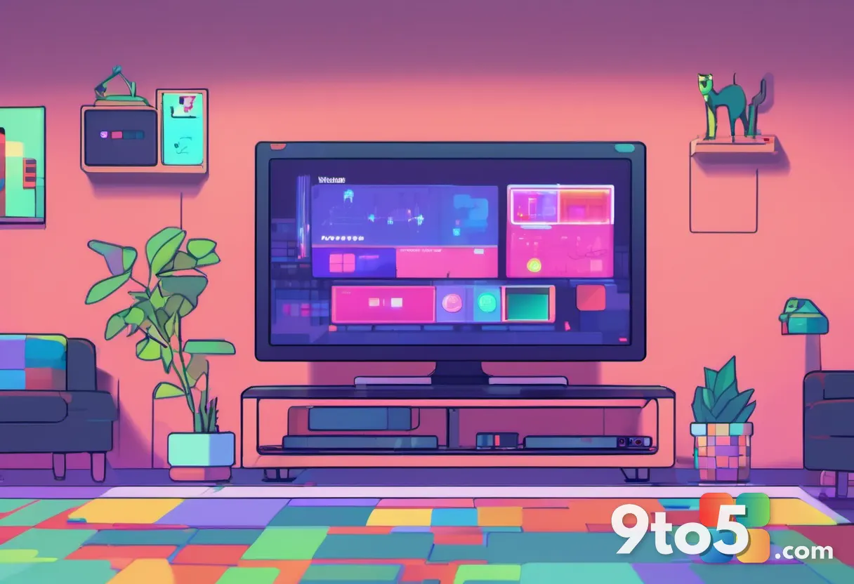 Two hands holding controllers, blurred background of a television screen displaying bright, colorful blocky graphics. Fo