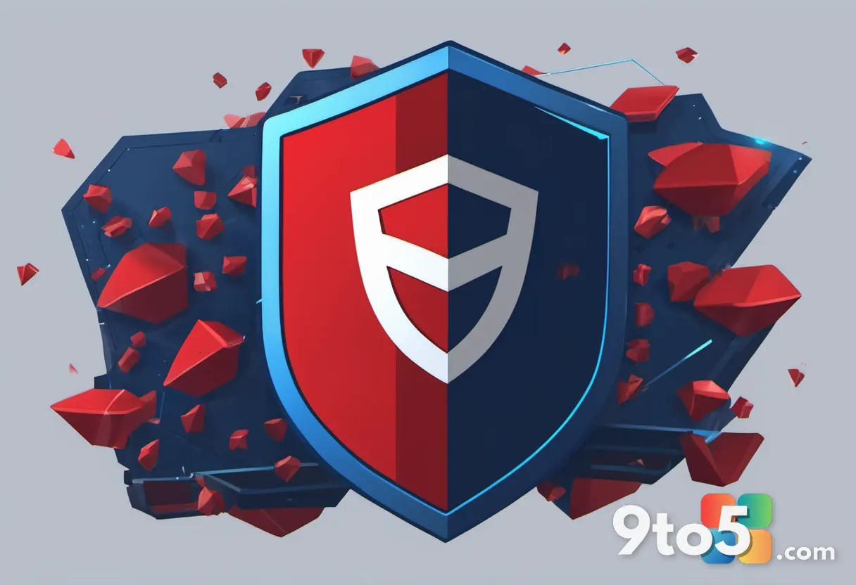 A stylized illustration of a digital shield protecting a Steam logo from falling red code fragments against a dark blue