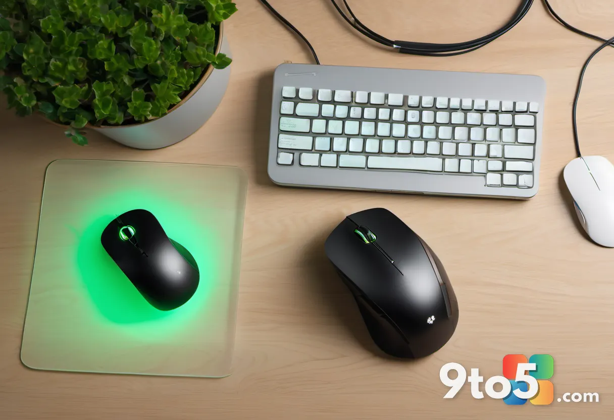 A clean overhead shot of a modern keyboard and mouse on a wooden desk, with a subtle green security checkmark glowing on