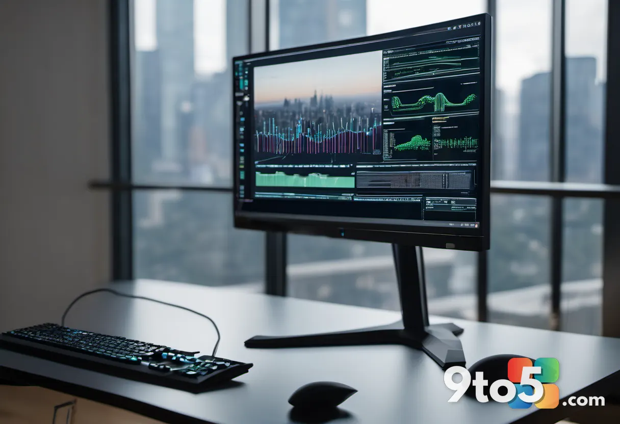 A close-up of a single office chair facing a large monitor displaying lines of code and AI analytics, with a blurred cit