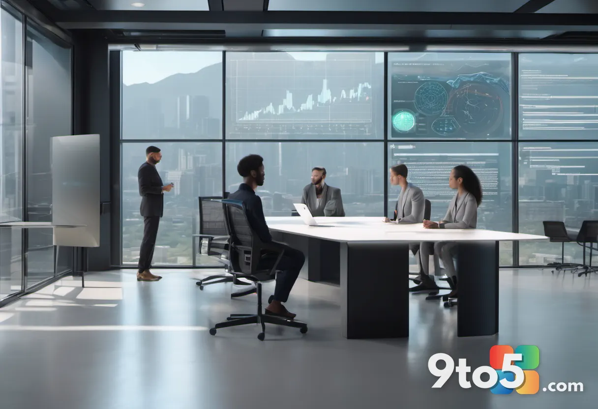A diverse group of professionals in a minimalist conference room reviewing digital dashboards, with subtle holographic d