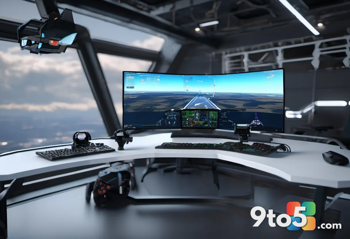 A PS5 controller and a set of rudder pedals arranged on a desk, with a monitor displaying a flight simulator interface i