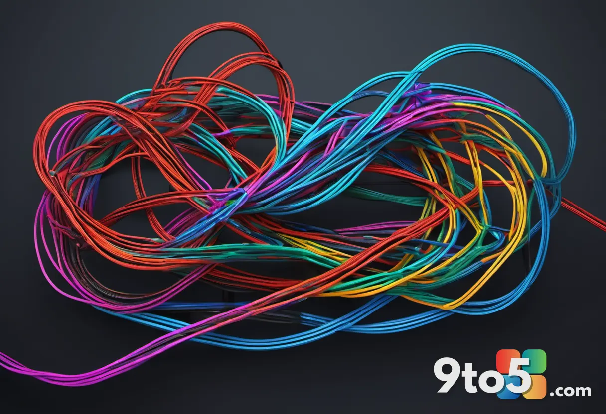 A conceptual graphic showing a heavy, tangled knot of colorful cables representing bundled software dependencies. One si