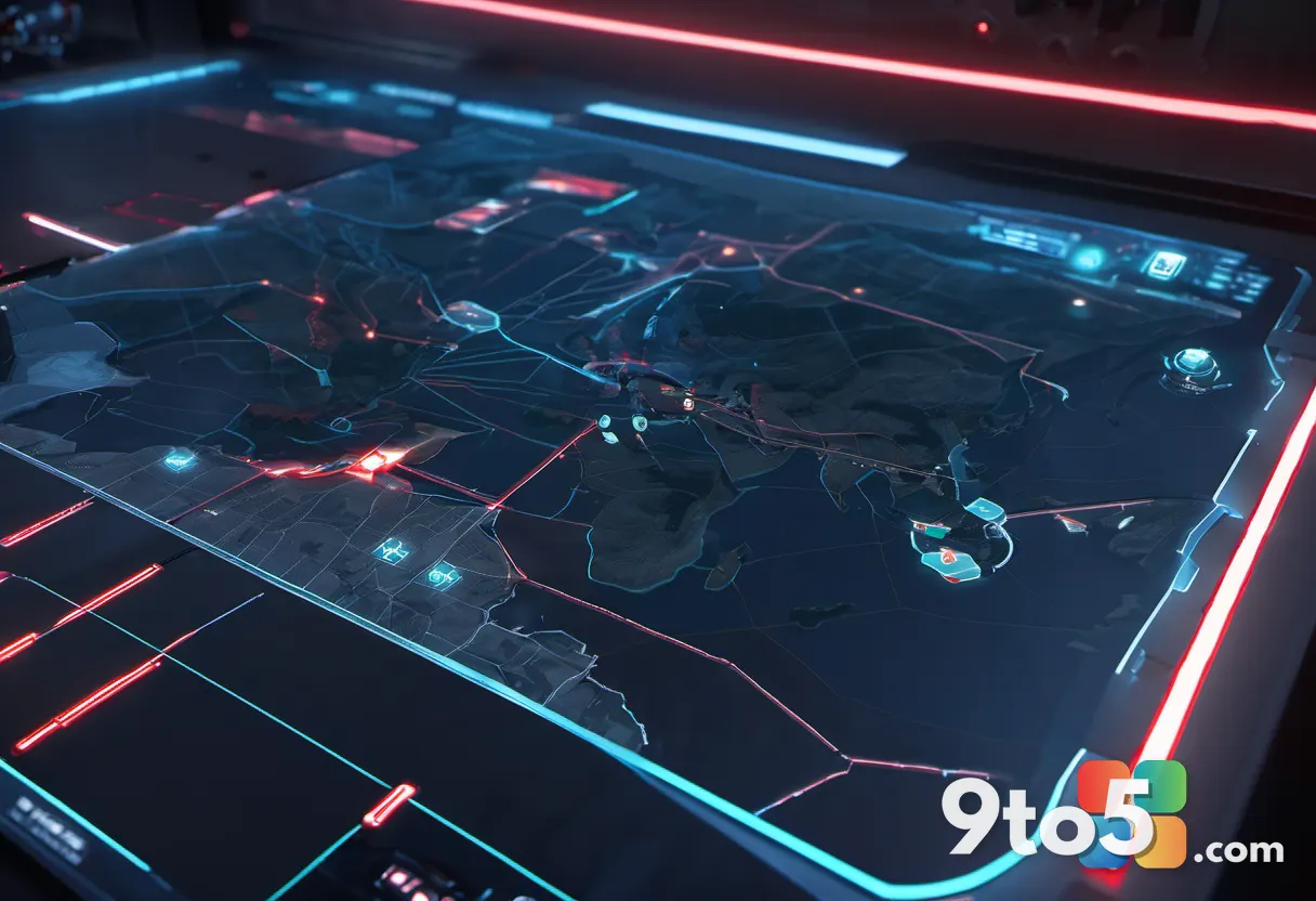 A close-up digital illustration of a tactical holographic battlefield map hovering above a command desk, with glowing un