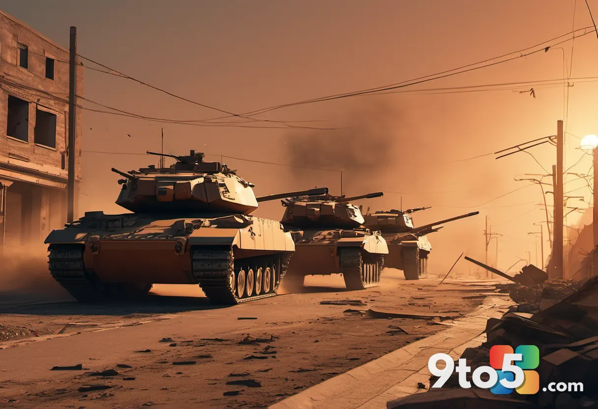 A cinematic wide shot of armored war tanks rolling through a shattered urban corridor, dust kicking up behind their trea