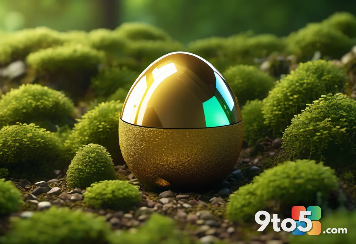 A close-up of a colorful, pixelated golden egg-shaped collectible item resting on mossy ground, surrounded by soft focus