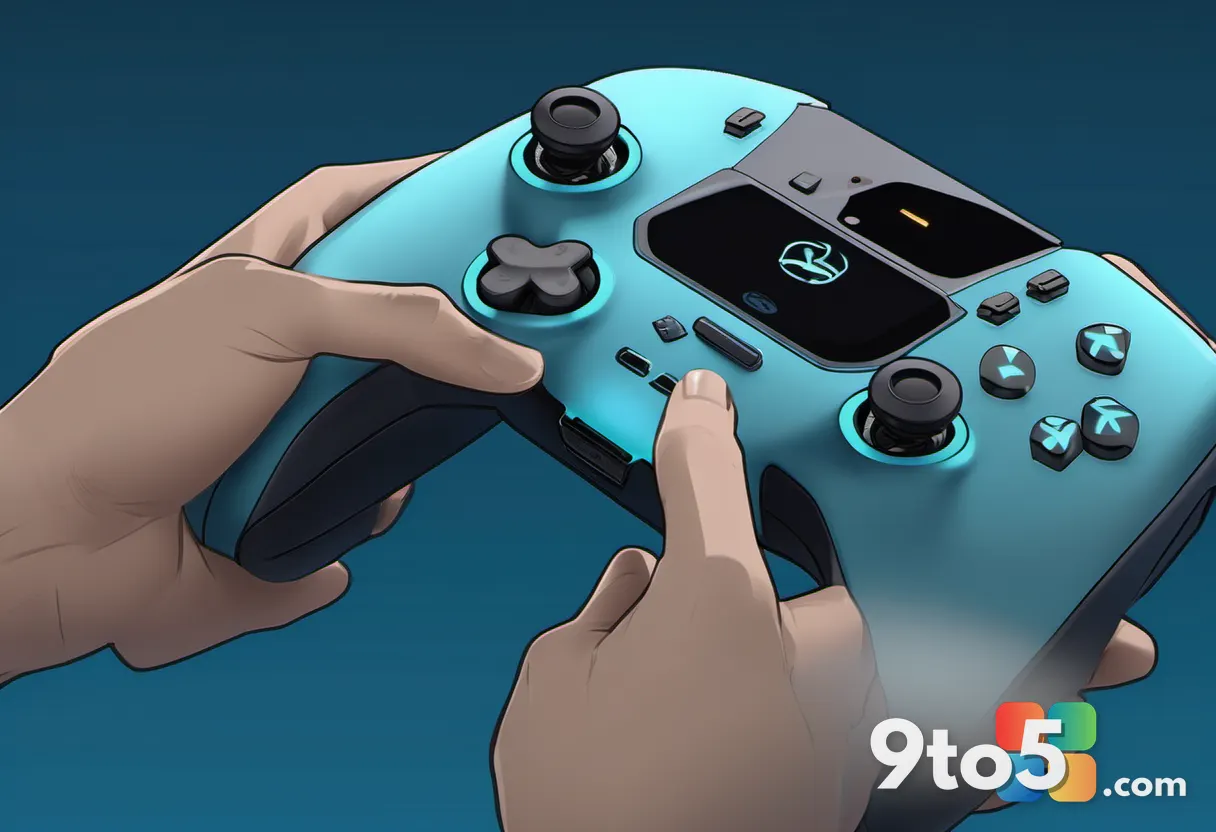 A person's hands holding a customized gaming controller with bright blue accents against a dark background, highlighting