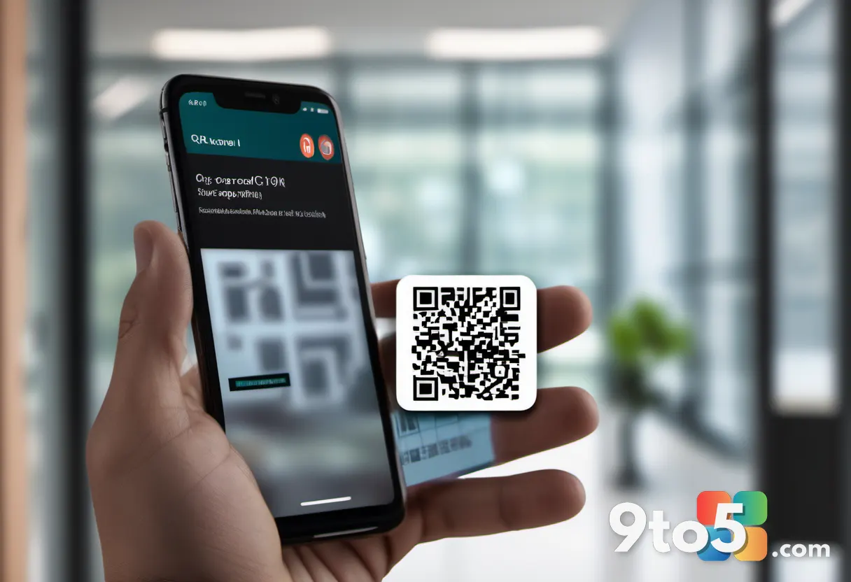 A close-up of a hand holding a smartphone displaying a suspicious QR code, with a blurred background of a busy office.