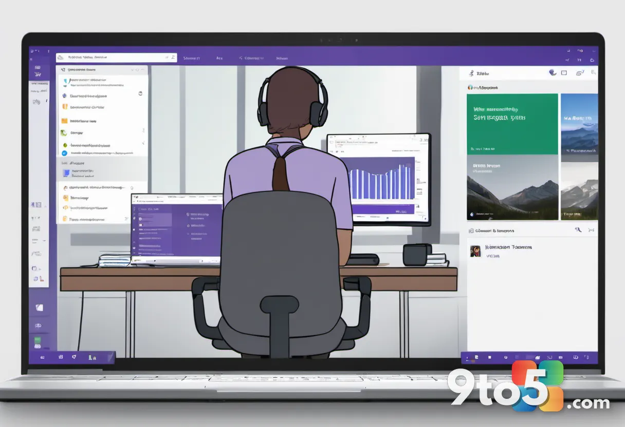 A professional sitting at a desk with a laptop showing the Microsoft Teams interface, with a subtle warning icon overlay