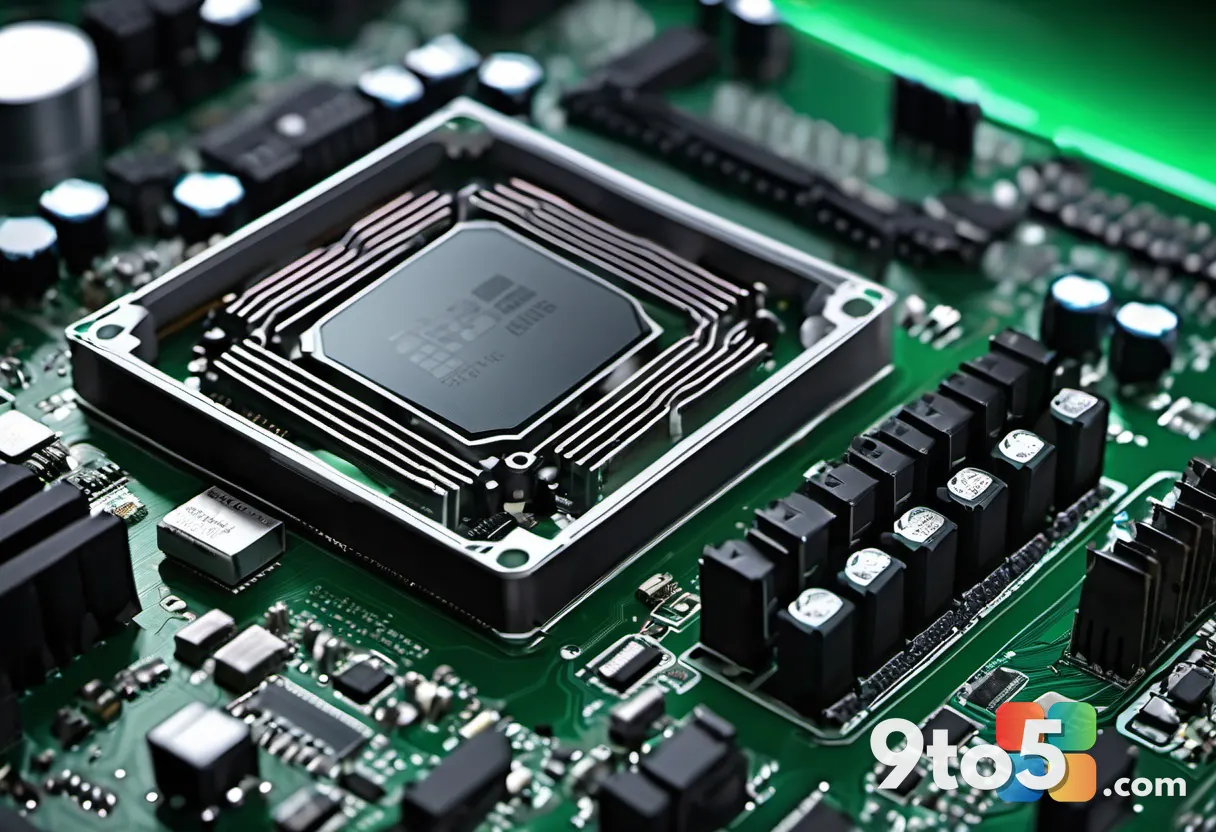 A close-up of a computer motherboard with green circuitry and black chips, shallow depth of field, warm studio lighting,