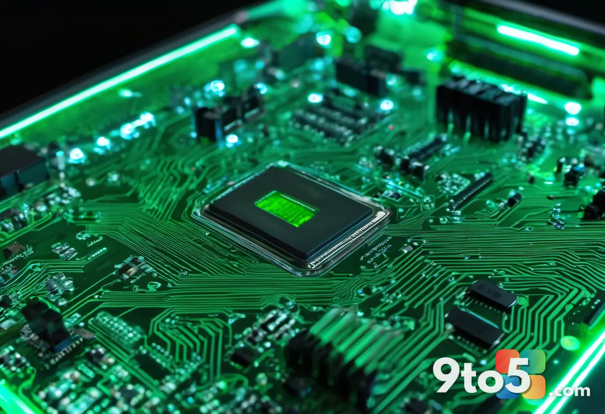 A close-up view of a computer motherboard with green circuit traces, illuminated by cool blue LED lights, symbolizing te