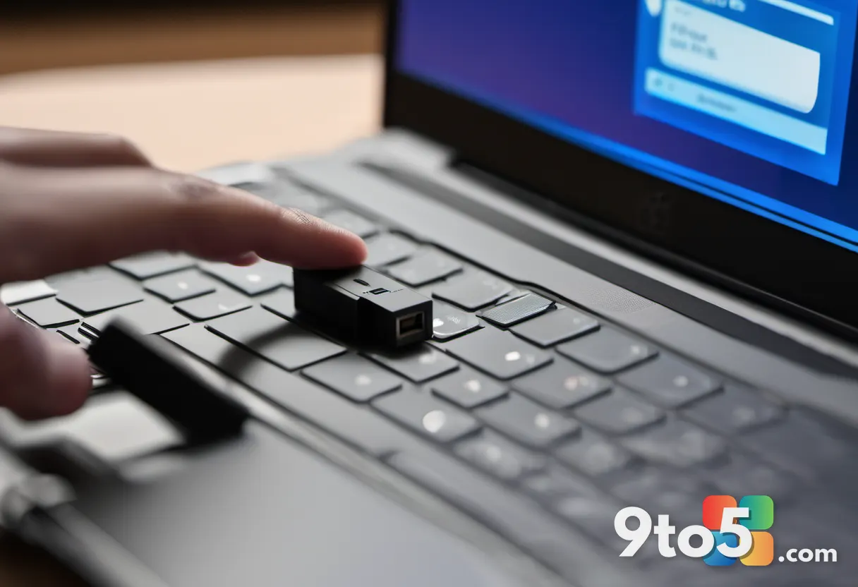 A close-up shot of a hand inserting a USB drive into a laptop, with a blurred background showing a computer screen displ