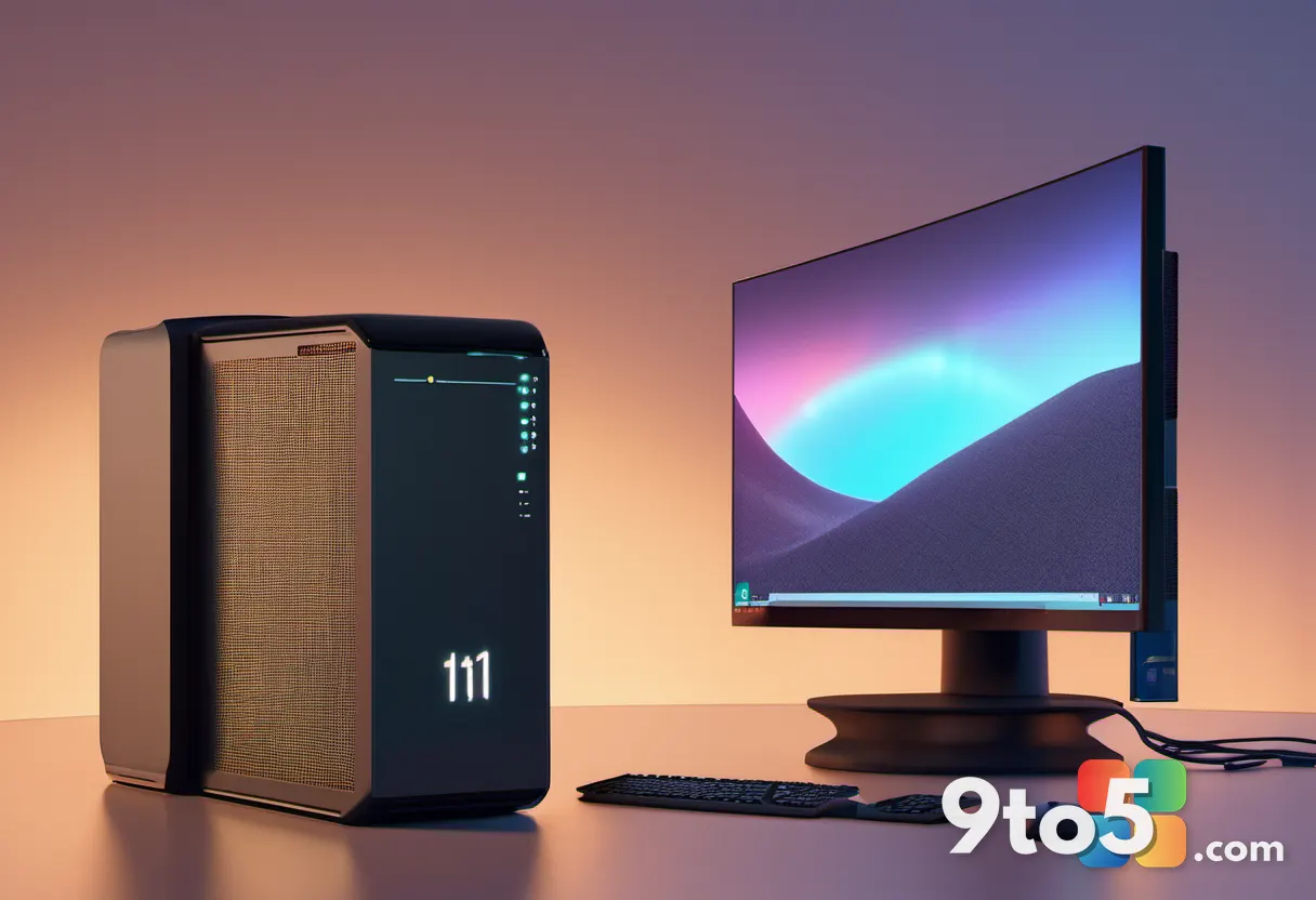 A split composition showing a vintage PC tower on one side and a modern monitor displaying Windows 11 on the other, conn