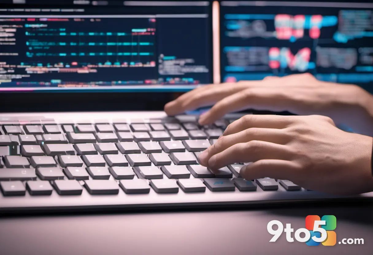 Close-up of a developer's hands typing on a backlit keyboard with a blurred screen showing code and AI agent symbols, wa